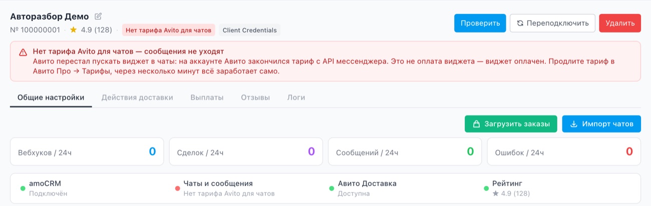 Аккаунт Авито со статусом «Нет тарифа Avito для чатов» и красным баннером «сообщения не уходят».