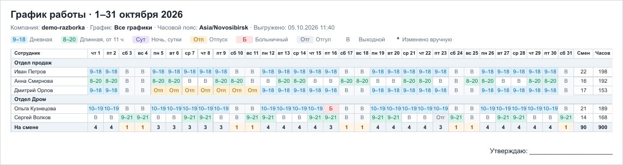 PDF графика: период, легенда, смены по отделам, итоги и «Утверждаю». Демо-данные